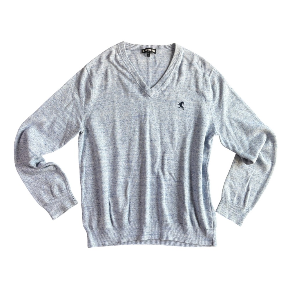 Express Mens V-Neck Sweater Light Blue Heather 100% Cotton Lion‎ Logo Size L